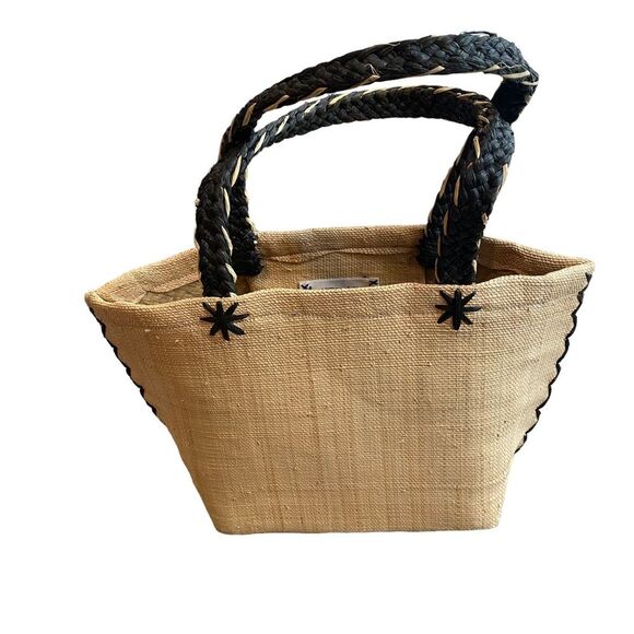 Annabel Ingal 100% Raffia Tote Bag Tan With Black Handles Handmade in Madagascar - Picture 1 of 12